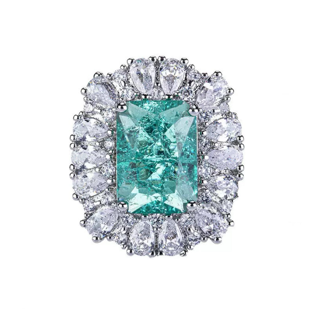Lake-green crackle-pattern ring with dazzling sparkle.
